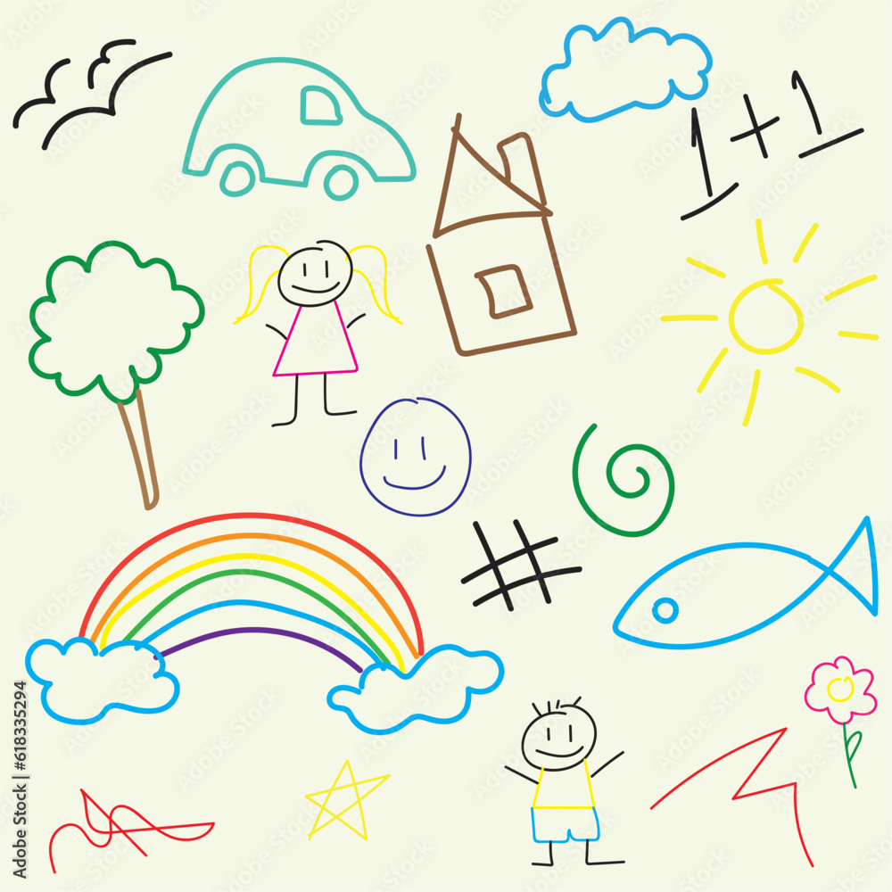 Paper with set of colored kid sketches and doodles Vector