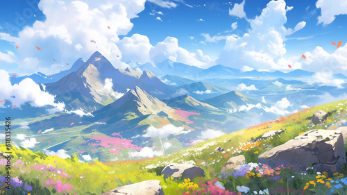 landscape countryside cartoon scene background. panoramic view on the top of mountain on sunny day