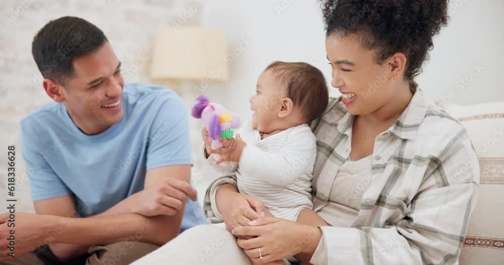 Couple, family and quality time with baby, mom and dad playing with toys for fun, laughing together in home, bedroom or nursery. Newborn, infant and happiness in motherhood, family or child smile Couple, family and quality time with baby, mom and dad playing with toys for fun, laughing together in home, bedroom or nursery. Newborn, infant and happiness in motherhood, family or child smile