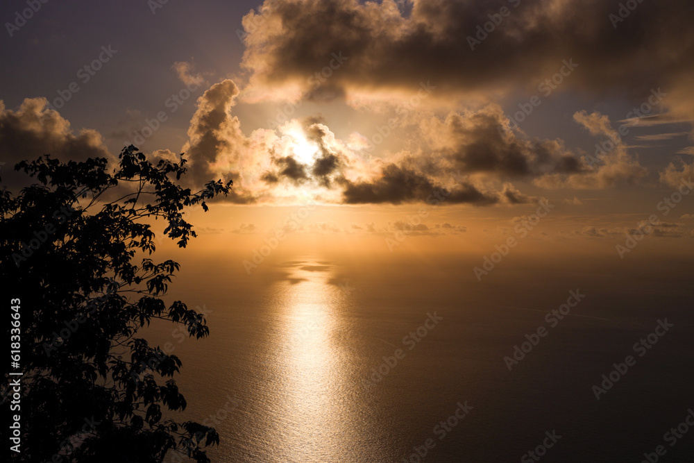 Sunset over the sea, view from the mountain