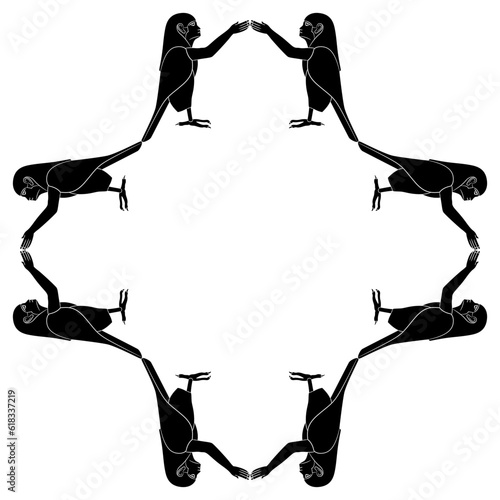 Geometrical ethnic frame with ancient Egyptian Ba Birds. Sacred symbol of human soul. Black and white silhouette.