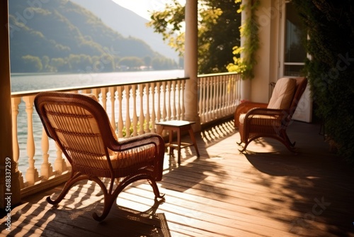 photo of traditional hotel balcony with lake view Photography AI Generated