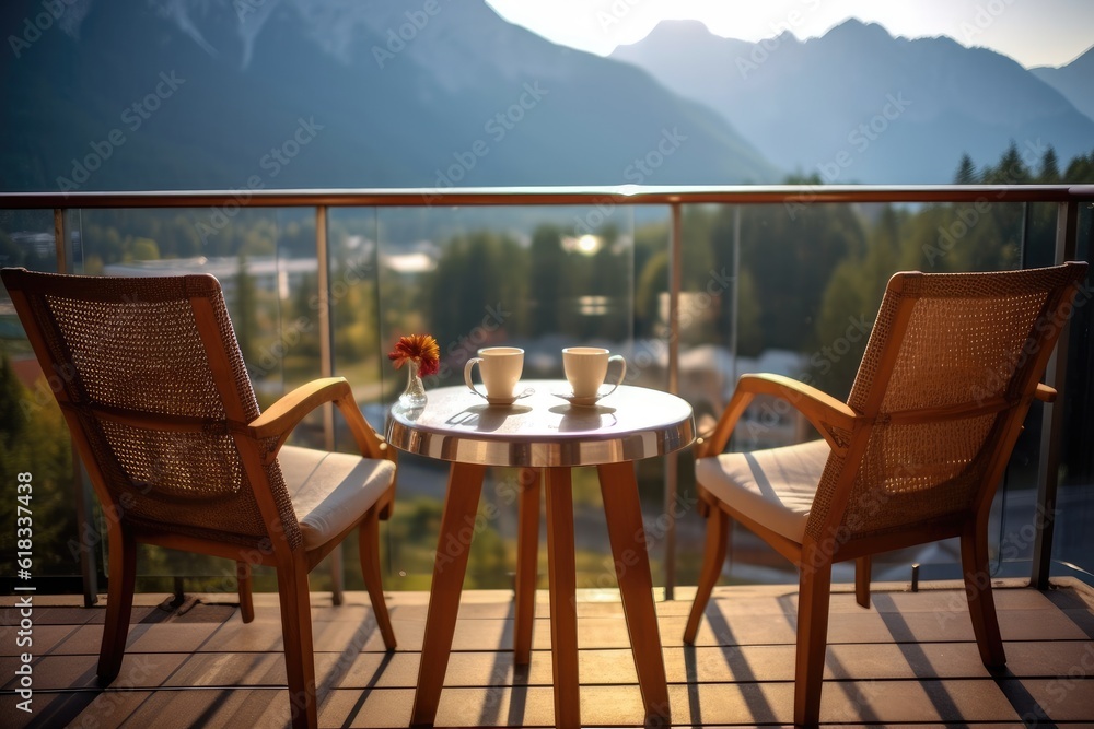 photo of traditional hotel balcony with montain view Photography AI Generated