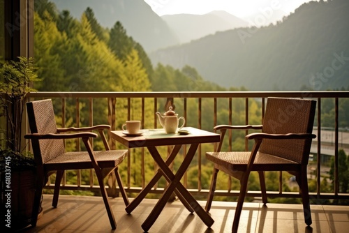 photo of traditional hotel balcony with montain view Photography AI Generated