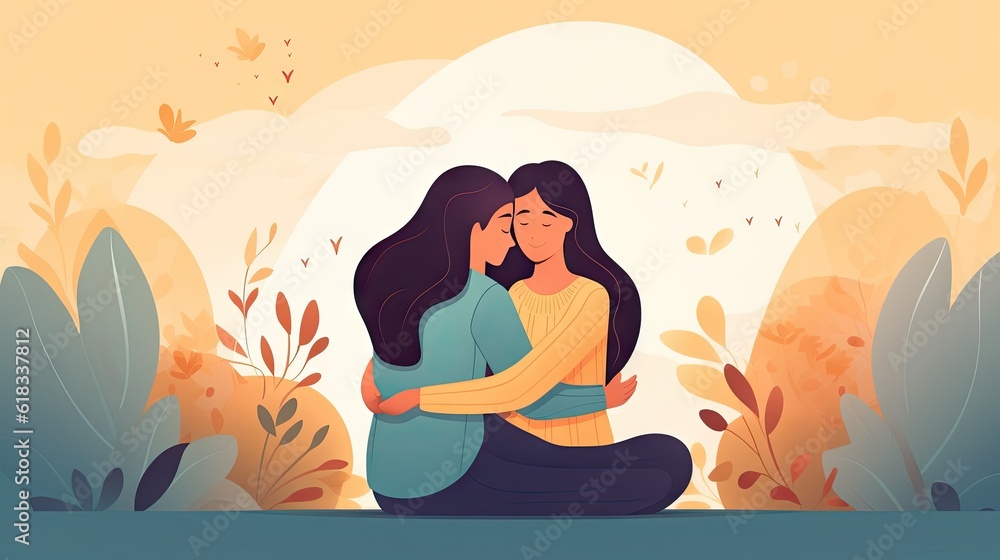 Illustration of Women Counseling Background -  Hope, support hug and women counseling for healing and mental health problem Wallpaper created with Generative AI Technology