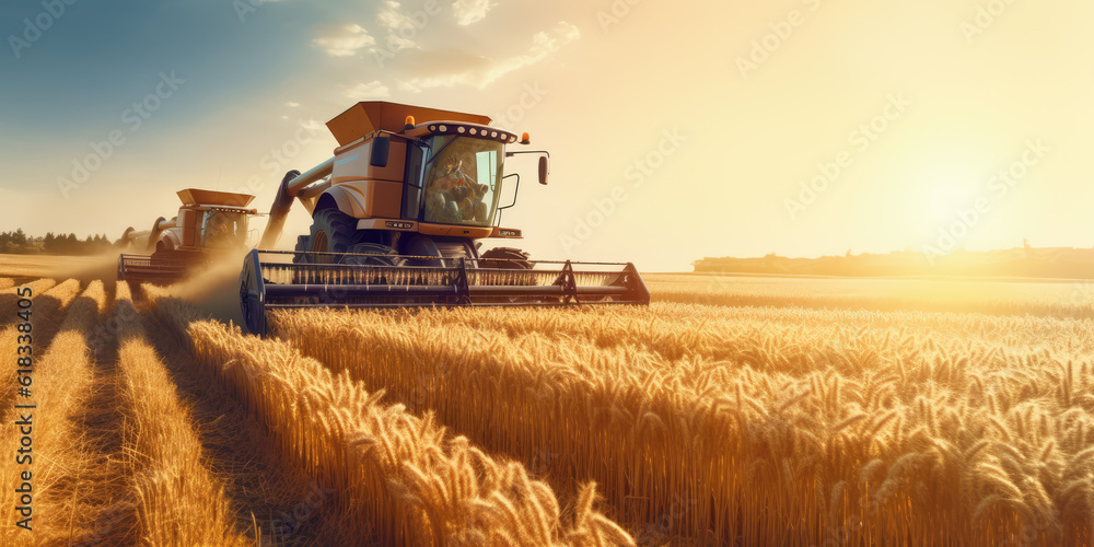 Fototapeta premium Large powerful rural tractor advancing through wheat plantations for high productivity harvest. Generative AI.