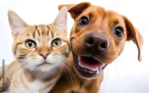 A cheerful dog and cat captured in a portrait, radiating happiness and merriment in their furry companionship.