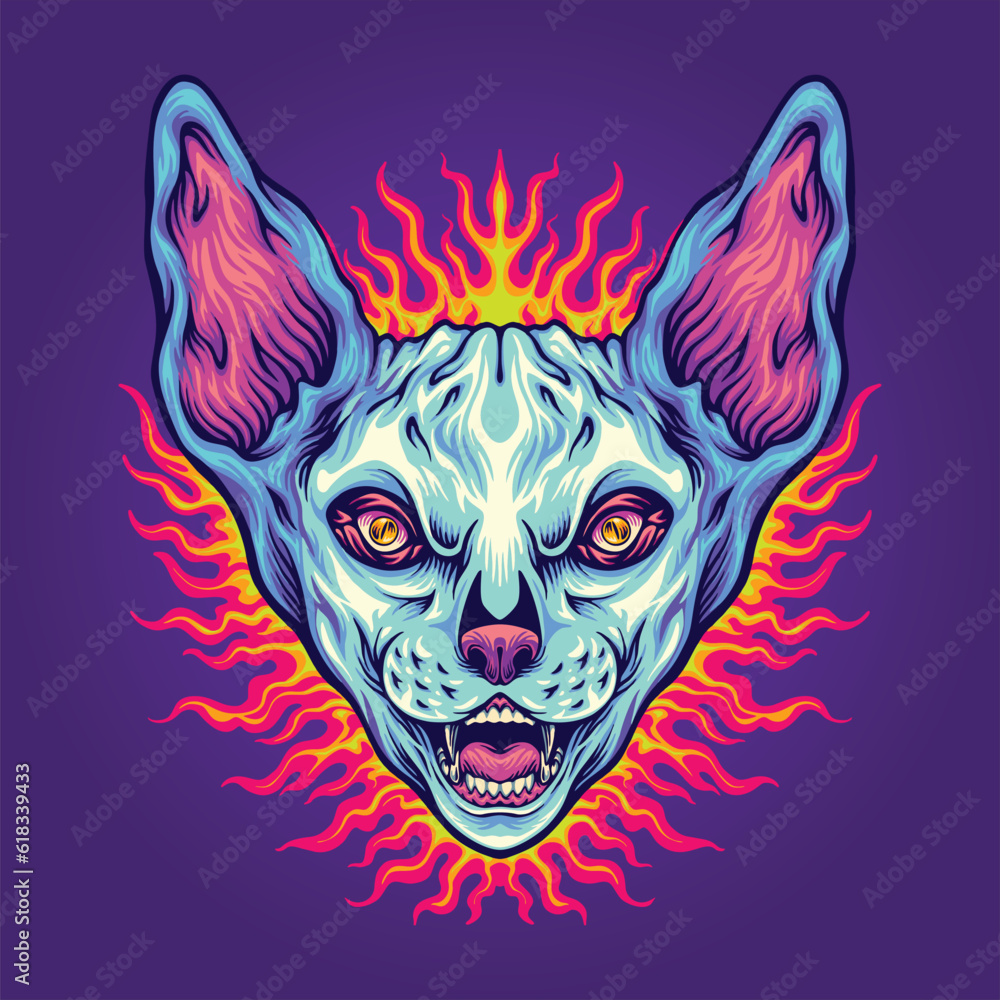 Celestial cat creature head with fiery background vector illustrations for your work logo, merchandise t-shirt, stickers and label designs, poster, greeting cards advertising business company