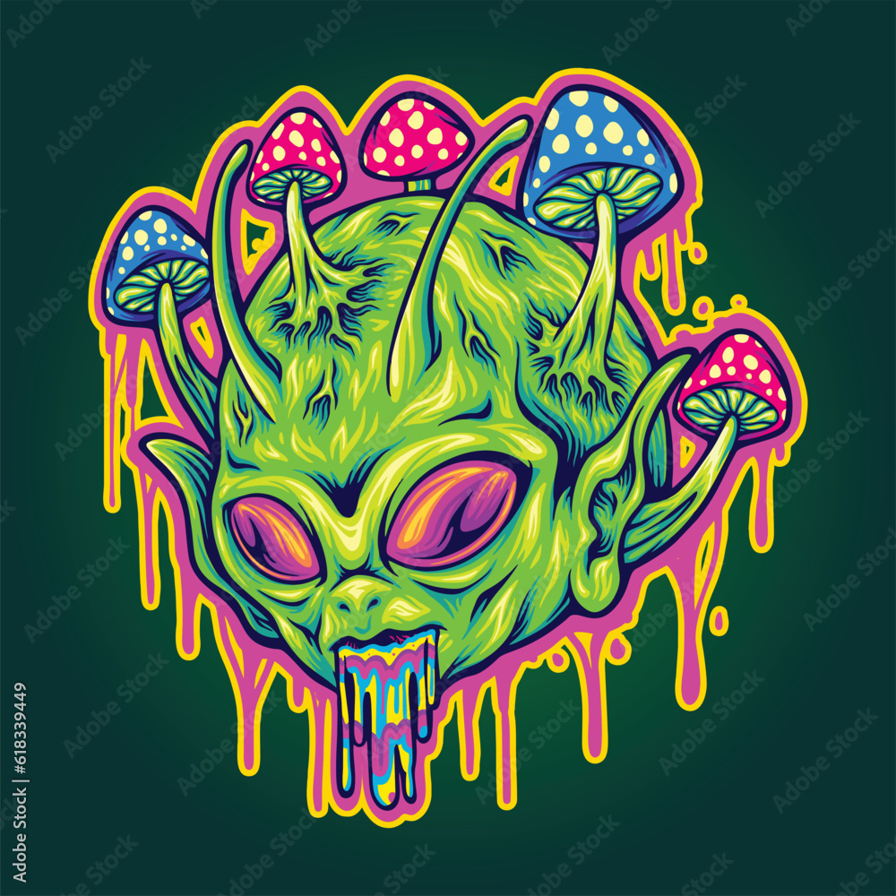 Cosmic trippy head alien in outer space vector illustrations for your work logo, merchandise t-shirt, stickers and label designs, poster, greeting cards advertising business company