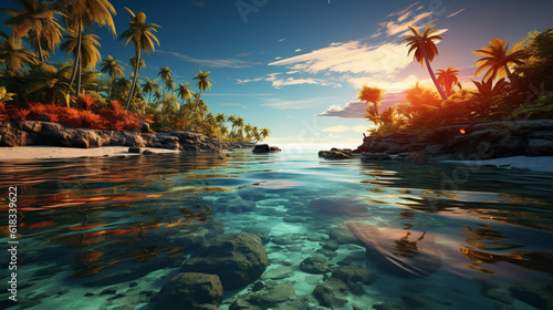 a tropical island with palm trees in the blue ocean with sparkling water 