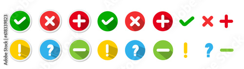 True false icon. Check mark and cross icons. Green tick symbol and red cross sign in circle