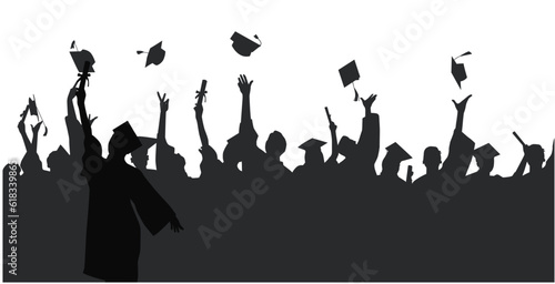 Crowd of graduates in mantles, throwing up graduation caps. Graduated from university and college