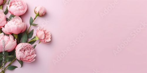 8-march concept. Top view photo of pink peony roses - Generative AI