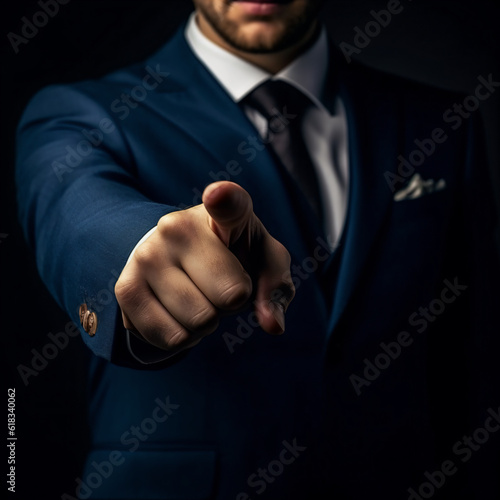 a businessman in a dark blue suit pointing his index fing - Generative AI