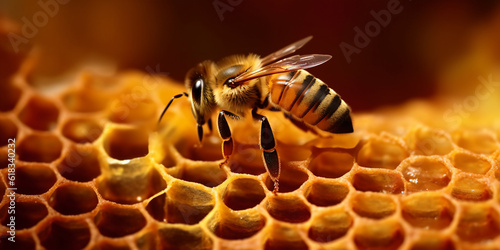 Detailed macro image of a bee collecting honey in a beehive, Bee on a honeycomb in a hive - Generative AI © seogi