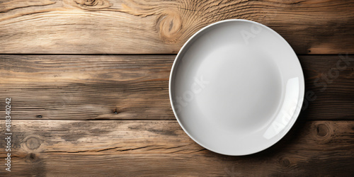 empty plate on wood table background concept image - Generative AI
