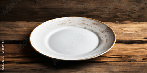 empty plate on wood table background concept image - Generative AI