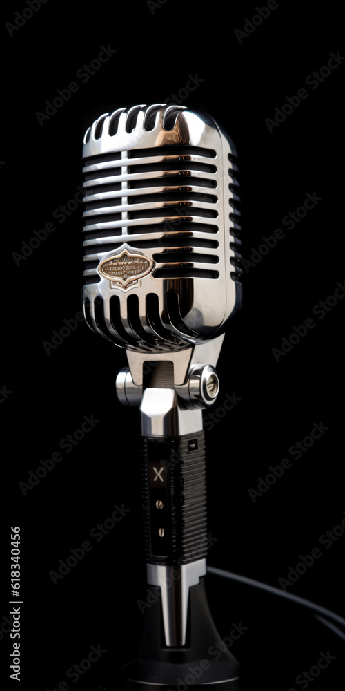 Fototapeta premium Retro microphone on a black background. Vintage microphon - Generative AI