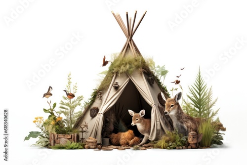 Native Indian teepee nestled in a picturesque meadow with wild animals, surrounded by lush green grass and tall trees.
