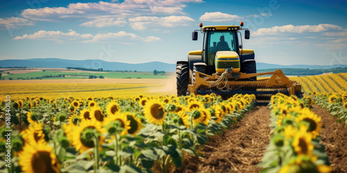 Agricultural tractors in fields of sunflowers in sowing and harvesting, ensuring production. Generative AI.