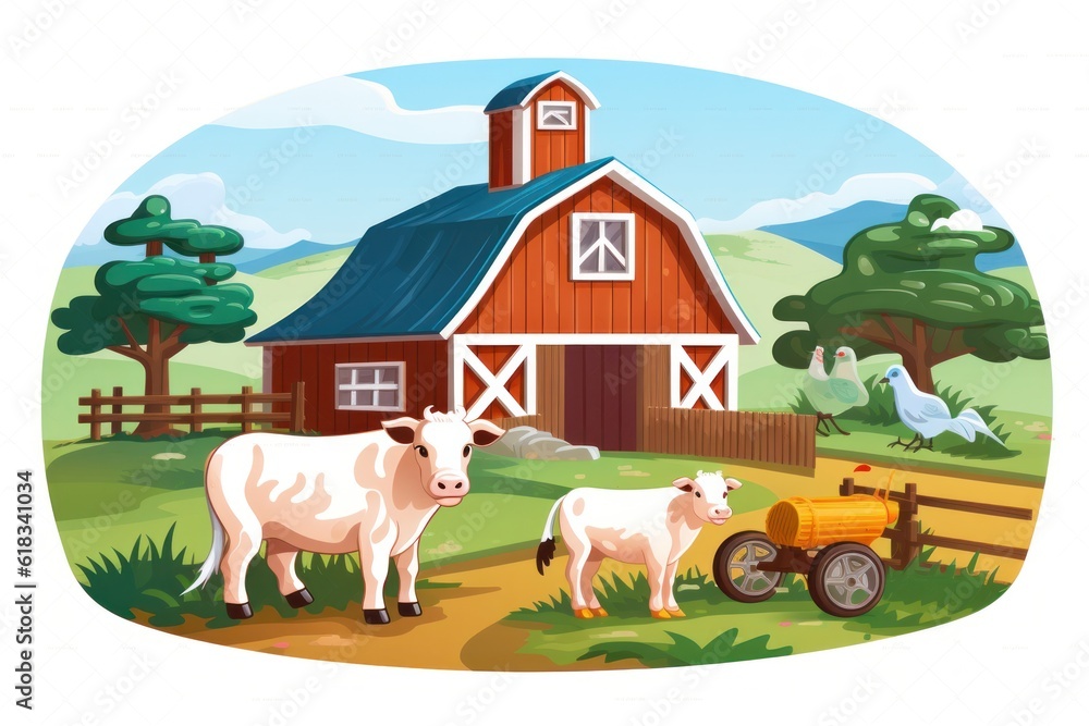 Farm scene filled with happy animals, rolling hills, and a warm sense of rural tranquility Farm scene filled with happy animals, rolling hills, and a warm sense of rural tranquility