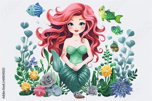 Cute mermaid interacts with marine life characters in an underwater fantasy world. Adorable cartoon illustration of a young girl with a tail.