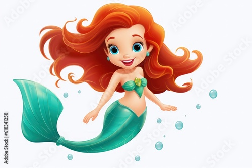 Cute mermaid interacts with marine life characters in an underwater fantasy world. Adorable cartoon illustration of a young girl with a tail.