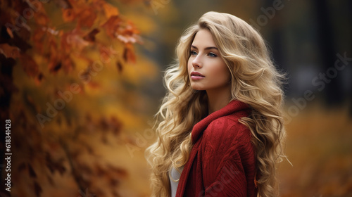 Beautiful blonde woman walking in a park on an autumn day