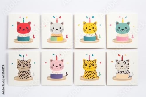 Collection of birthday greeting cards with adorable leopards. Trendy and vibrant design. Concept of stylish and nature-inspired birthday wishes.