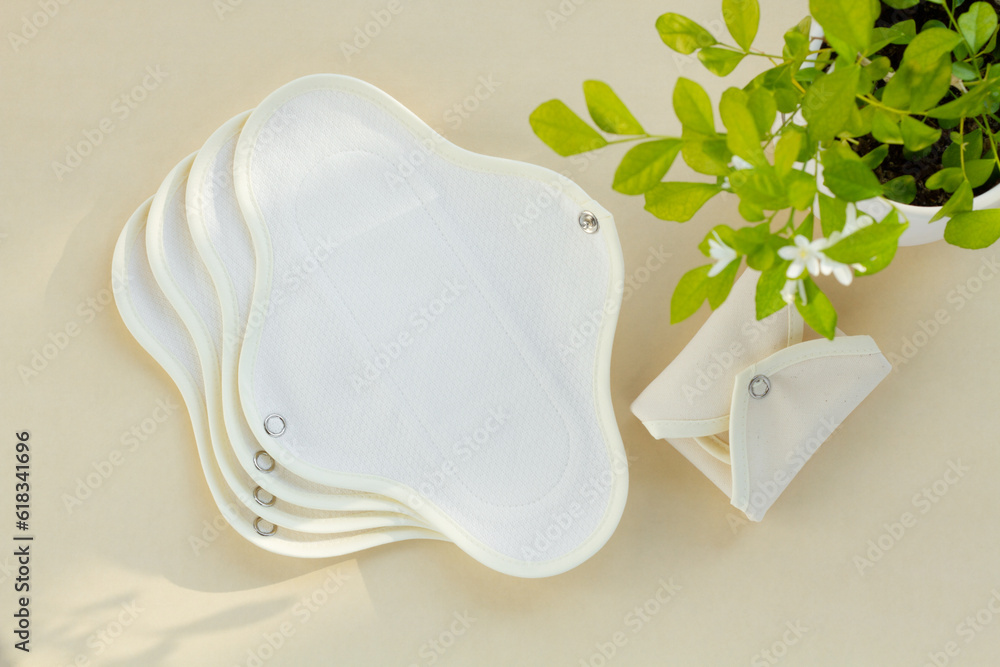 Sanitary napkins made of fabric. Cotton sanitary pad. Top view. Stock