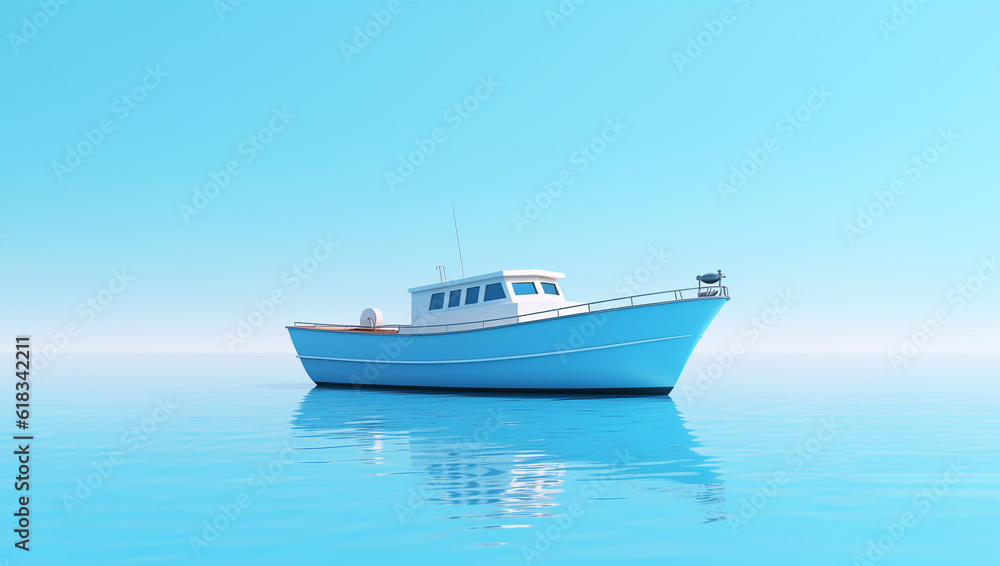 Blue simple boat on ocean, blue gradient background with horizon. Generative AI image.