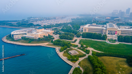 Chicago, IL USA June 29th 2023:  aerial drone view of Chicago field museum during when the air is filled with Toxic smog from the Canada wild fires.  the sky is filled with grey smoke