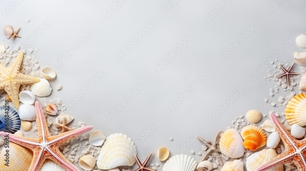 Fototapeta premium Arranged collection of seashells and starfishes. Generative AI image.
