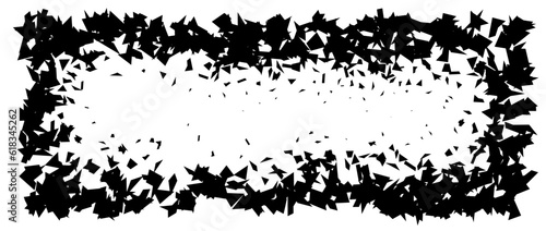 Debris and shatters in rectangle shape. Black broken pieces, specks, speckles, particles, shivers. Abstract explosion and burst textured rectangular element. Vector frame illustration 