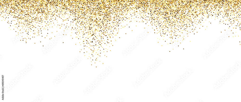 Golden glitter background. Sparkling small confetti wallpaper. Splashed gold dots texture. Wavy design element for posters, flyer, invitation, Christmas birthday decoration. Vector