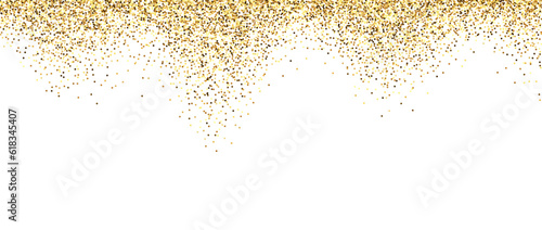 Golden glitter background. Sparkling small confetti wallpaper. Splashed gold dots texture. Wavy design element for posters, flyer, invitation, Christmas birthday decoration. Vector