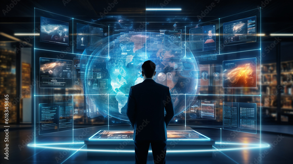 Huge hologram/virtual screen interface showing digital data, modern computer dashboard virtual innovation, technology background. Abstract technology, futuristic concept interface hologram Huge hologram/virtual screen interface showing digital data, modern computer dashboard virtual innovation, technology background. Abstract technology, futuristic concept interface hologram
