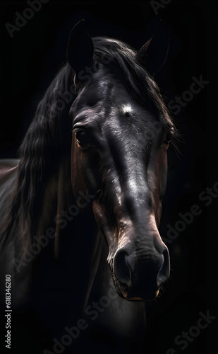Black horse standing in black background looking with eyes