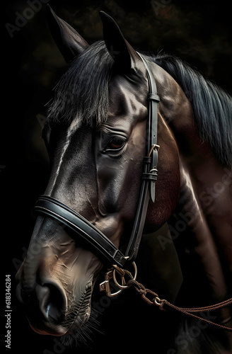Close up black horse with bridle, copy space © The Stock Guy