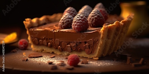 Chocolate jam pie tart blurred background, AI Generateand photo