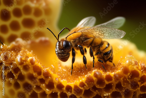 macro photo bee and honey magic