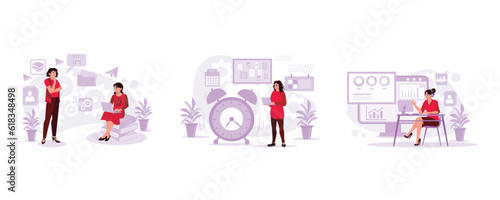 Two employees worked late with laptops and stacks of documents. Female workers are seriously working and thinking about business deadlines. Businesswoman is wearing headphones.