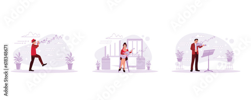 A trumpeter playing jazz songs. A girl in glasses was singing and playing guitar. Young man playing violin with classical instruments. Trend Modern vector flat illustration.