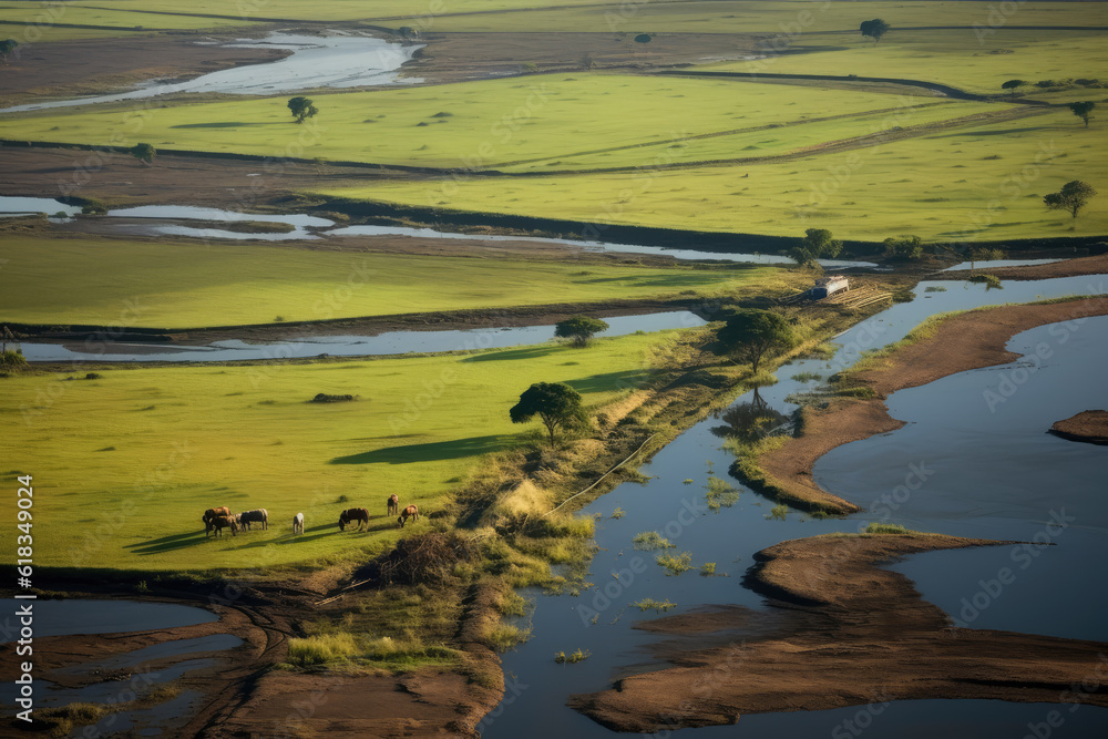 Pantanal with cotton and corn cultivation areas, landscape full of rivers and exotic fauna. Generative AI. Pantanal with cotton and corn cultivation areas, landscape full of rivers and exotic fauna. Generative AI.