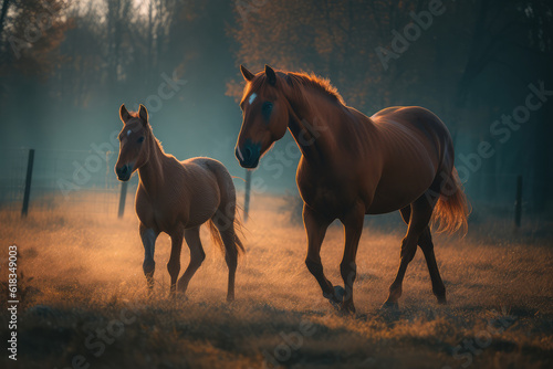 horse and baby walking in a field, generative AI © Kien