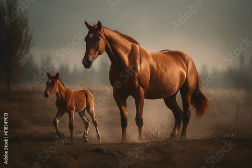 horse and baby walking in a field  generative AI
