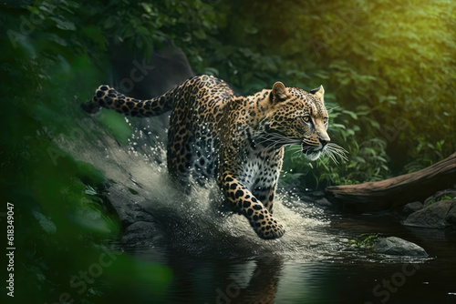 leopard runs on water  in forest. Dangerous animal. Animal in a green forest stream  generative AI