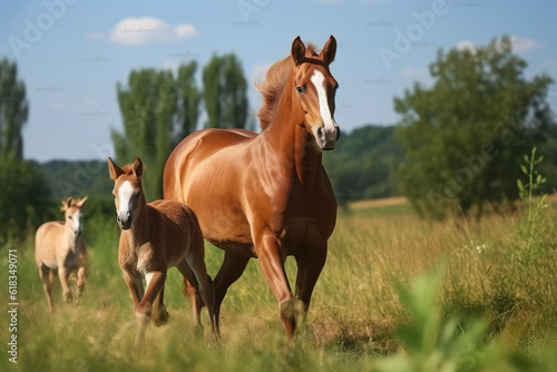 horse and baby walking in a field  generative AI