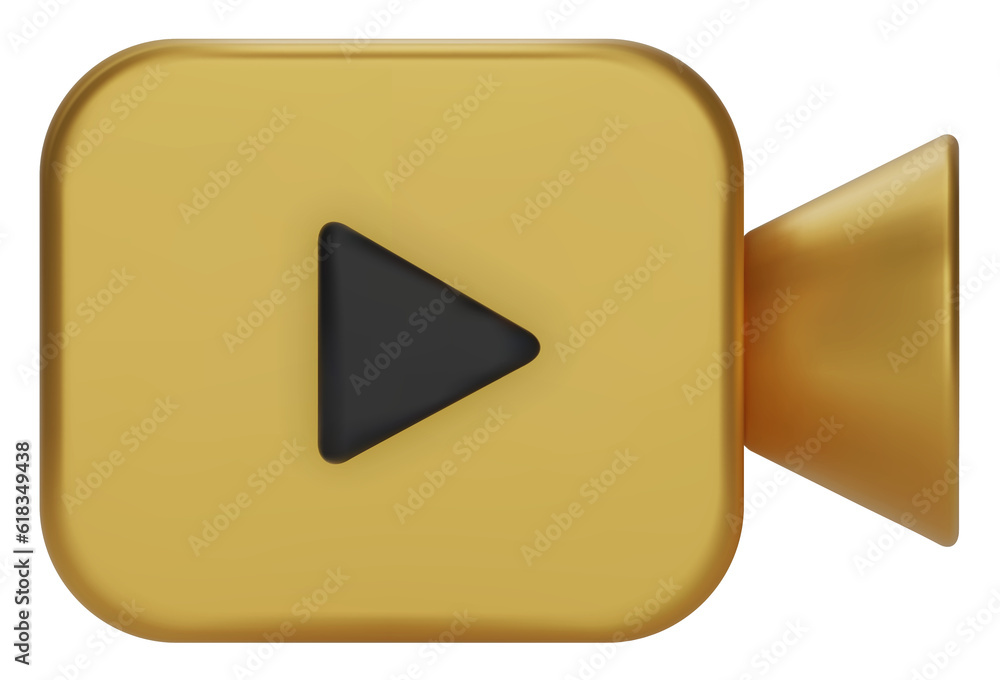 Gold Video camera icon isolate on white background. 3d Realistic movie icon, play button for the interface of applications and web pages. Video,