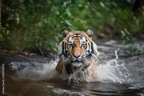 siberian tiger runs on water  in forest. Dangerous animal. Animal in a green forest stream  generative AI